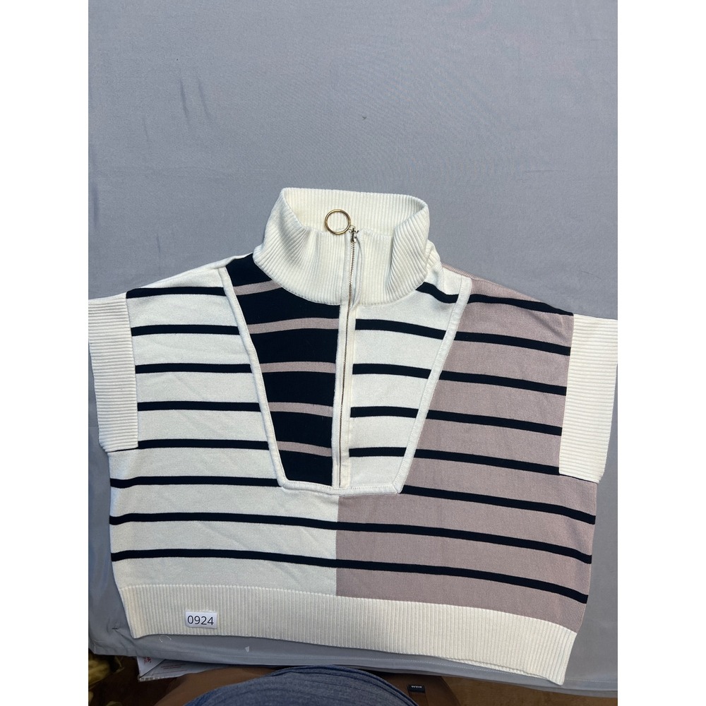 entro Striped Half-Zip Mock Neck Sweater Vest in Cream, Black, Taupe